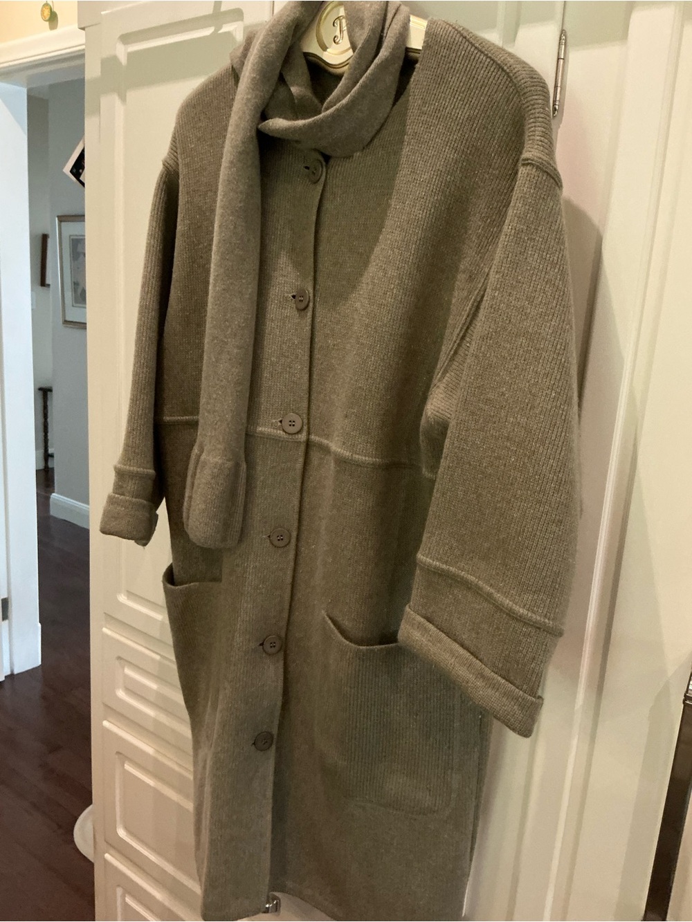 RODIER Olive Green Button-Front Wool Trench Coat with Scarf